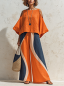 Women's Stylish Cotton-Linen Top And Color-Block Wide-Leg Pants Set ZMZ2391F6SWL