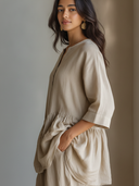 Women's Casual Vintage Cotton-Linen Loose Short-Sleeve Henley Shirt ZMZ2299F5ZYY