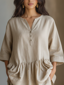 Women's Casual Vintage Cotton-Linen Loose Short-Sleeve Henley Shirt ZMZ2299F5ZYY