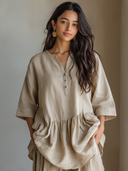 Women's Casual Vintage Cotton-Linen Loose Short-Sleeve Henley Shirt ZMZ2299F5ZYY
