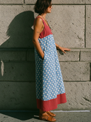 Women's Casual Resort-Style Polka-Dot Panels And Square Neck Cotton-Linen Blend Sleeveless Maxi Dress ZMZ2218F4ZYY