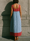 Women's Casual Resort-Style Polka-Dot Panels And Square Neck Cotton-Linen Blend Sleeveless Maxi Dress ZMZ2218F4ZYY