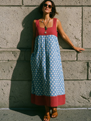 Women's Casual Resort-Style Polka-Dot Panels And Square Neck Cotton-Linen Blend Sleeveless Maxi Dress ZMZ2218F4ZYY