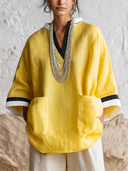 Women's Fashionable Cotton-Linen Color-Block V-Neck Loose Top ZMZ2347F9SWL