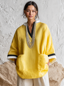 Women's Fashionable Cotton-Linen Color-Block V-Neck Loose Top ZMZ2347F9SWL