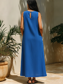 Women's Casual Resort-Style Webbing Trim And Round Neck Cotton-Linen Sleeveless Maxi Dress ZMZ2303F1ZYY