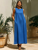 Women's Casual Resort-Style Webbing Trim And Round Neck Cotton-Linen Sleeveless Maxi Dress ZMZ2303F1ZYY