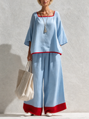 Women's Classic Linen Color-Block Top And Wide-Leg Trousers Set ZMZ2364F8SWL