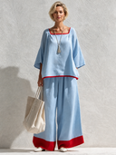Women's Classic Linen Color-Block Top And Wide-Leg Trousers Set ZMZ2364F8SWL