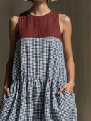Women's Casual Resort-Style – Loose Fit, Round Neck, Plaid Pattern, Cotton-Linen Blend With Panel Detailing Sleeveless Maxi Dress ZMZ2320F2ZYY