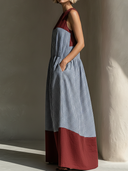 Women's Casual Resort-Style – Loose Fit, Round Neck, Plaid Pattern, Cotton-Linen Blend With Panel Detailing Sleeveless Maxi Dress ZMZ2320F2ZYY