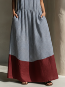 Women's Casual Resort-Style – Loose Fit, Round Neck, Plaid Pattern, Cotton-Linen Blend With Panel Detailing Sleeveless Maxi Dress ZMZ2320F2ZYY
