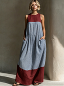 Women's Casual Resort-Style – Loose Fit, Round Neck, Plaid Pattern, Cotton-Linen Blend With Panel Detailing Sleeveless Maxi Dress ZMZ2320F2ZYY