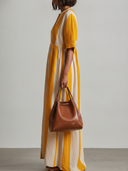 Women's Casual Resort-Style Cotton-Linen Yellow & White Striped V-Neck Short-Sleeve Loose Maxi Dress ZMZ2362F7ZYY