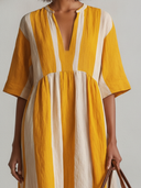 Women's Casual Resort-Style Cotton-Linen Yellow & White Striped V-Neck Short-Sleeve Loose Maxi Dress ZMZ2362F7ZYY