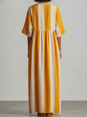 Women's Casual Resort-Style Cotton-Linen Yellow & White Striped V-Neck Short-Sleeve Loose Maxi Dress ZMZ2362F7ZYY