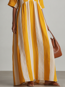 Women's Casual Resort-Style Cotton-Linen Yellow & White Striped V-Neck Short-Sleeve Loose Maxi Dress ZMZ2362F7ZYY