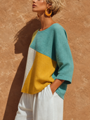 Women's Color Block Cotton Linen Crew Neck Long Sleeve T-Shirt ZMZ2266F6XT