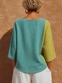 Women's Color Block Cotton Linen Crew Neck Long Sleeve T-Shirt ZMZ2266F6XT