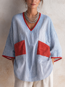 Women's Fashionable Striped Color-Block V-Neck Loose Top With Three-Quarter Sleeves ZMZ2358F1SWL