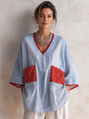Women's Fashionable Striped Color-Block V-Neck Loose Top With Three-Quarter Sleeves ZMZ2358F1SWL