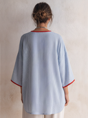 Women's Fashionable Striped Color-Block V-Neck Loose Top With Three-Quarter Sleeves ZMZ2358F1SWL