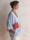 Women's Fashionable Striped Color-Block V-Neck Loose Top With Three-Quarter Sleeves ZMZ2358F1SWL