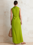 Women's Stylish Avocado Green Cotton-linen Sleeveless Maxi Dress With A Scrunch-neck Design ZMZ2313F7SWL