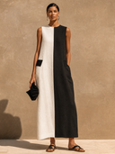 Women's Casual Cotton-Linen Color-Block Maxi Dress ZMZ2360F1XT