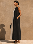 Women's Casual Cotton-Linen Color-Block Maxi Dress ZMZ2360F1XT