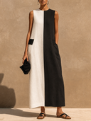 Women's Casual Cotton-Linen Color-Block Maxi Dress ZMZ2360F1XT
