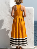 Women Cotton Linen Halter Sleeveless Maxi Dress Color Block Striped Hem Pleated Loose Flowy Vacation Dress With Pockets ZMZ2359F0YZH
