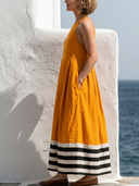 Women Cotton Linen Halter Sleeveless Maxi Dress Color Block Striped Hem Pleated Loose Flowy Vacation Dress With Pockets ZMZ2359F0YZH