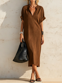 Women's Casual Vintage Faux Suede V-Neck Short-Sleeve Loose Midi Dress ZMZ2579F5ZYY