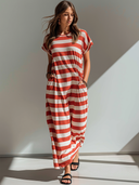 Women's Retro Casual Color Block Striped Cotton T-shirt Short Sleeve Maxi Dress ZMZ2565F7ZJY