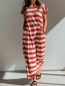 Women's Retro Casual Color Block Striped Cotton T-shirt Short Sleeve Maxi Dress ZMZ2565F7ZJY