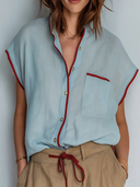 Women's Retro Casual Cotton Linen Color Block Sleeveless Shirt ZMZ2561F2ZJY