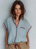 Women's Retro Casual Cotton Linen Color Block Sleeveless Shirt ZMZ2561F2ZJY