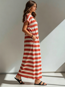 Women's Retro Casual Color Block Striped Cotton T-shirt Short Sleeve Maxi Dress ZMZ2565F7ZJY