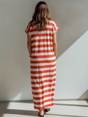 Women's Retro Casual Color Block Striped Cotton T-shirt Short Sleeve Maxi Dress ZMZ2565F7ZJY