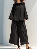 Women's Retro Casual Cotton Linen Pleated Flared Sleeve Round Neck Top And Pants Set ZMZ2628F9ZJY