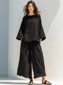 Women's Retro Casual Cotton Linen Pleated Flared Sleeve Round Neck Top And Pants Set ZMZ2628F9ZJY