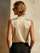 Women's Solid Color Satin V-neck Pleated Sleeveless Shirt ZMZ2642F3XT