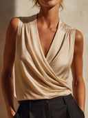 Women's Solid Color Satin V-neck Pleated Sleeveless Shirt ZMZ2642F3XT