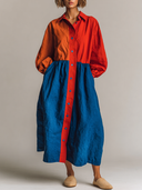 Women's Color-Block Cotton-Linen Collared Maxi Dress ZMZ2671F3XT