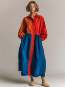 Women's Color-Block Cotton-Linen Collared Maxi Dress ZMZ2671F3XT