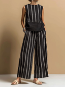 Women's Casual Retro Striped Color-Block Cotton-Linen Sleeveless Crew-Neck T-Shirt And Wide-Leg Pants Set ZMZ2656F6ZYY