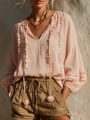 Women's Solid-Color Cotton Ruffled V-Neck Long-Sleeve Shirt ZMZ2684F3XT