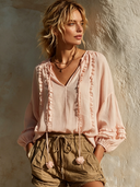 Women's Solid-Color Cotton Ruffled V-Neck Long-Sleeve Shirt ZMZ2684F3XT