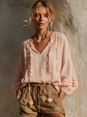 Women's Solid-Color Cotton Ruffled V-Neck Long-Sleeve Shirt ZMZ2684F3XT